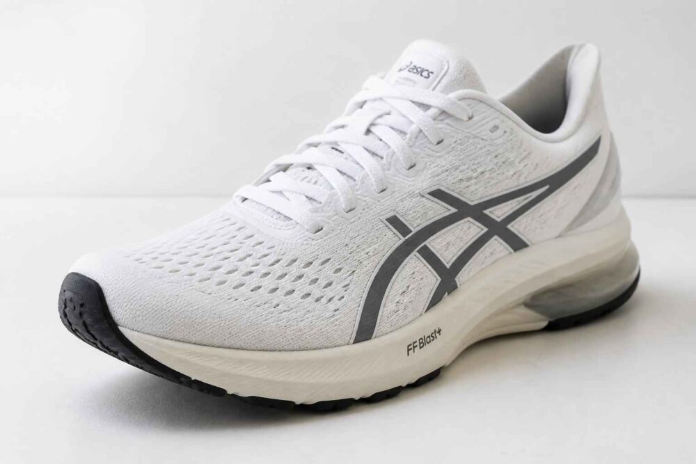 Biały but do biegania Asics z szarymi detalami i czarną podeszwą na jasnym tle