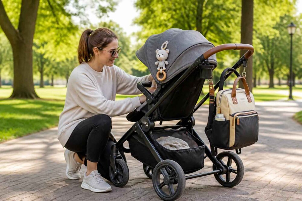 Kobieta poprawia wózek dziecięcy na parkowej alei