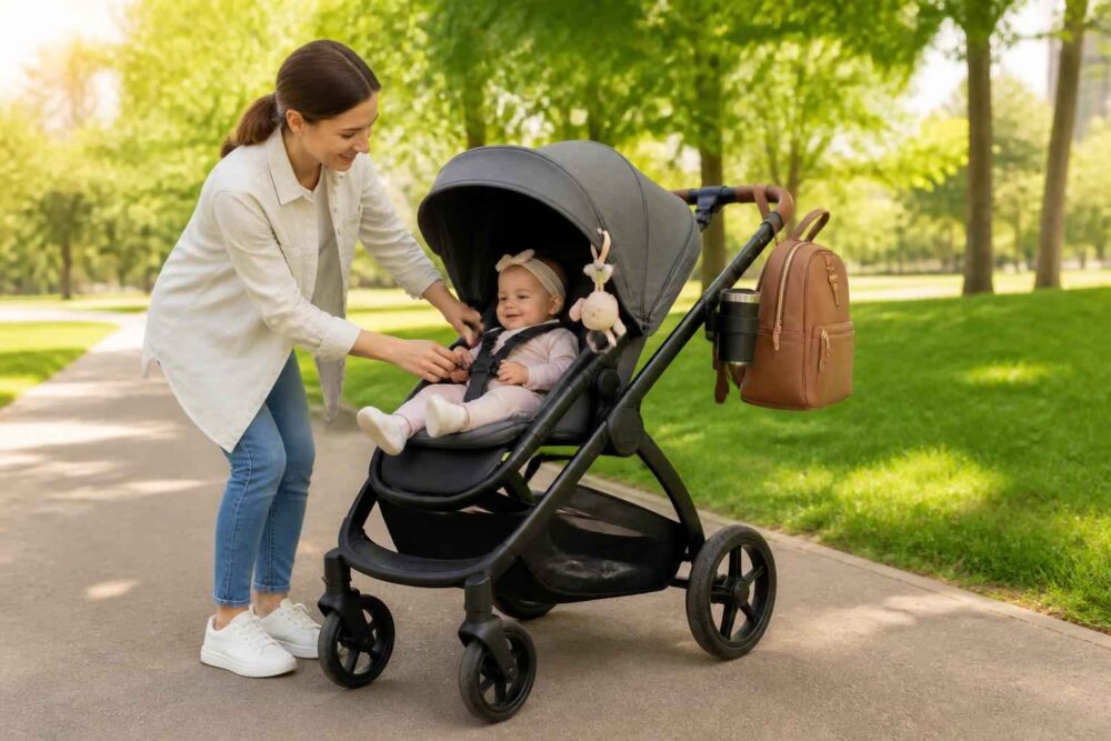 Mama pochyla się nad dzieckiem w wózku na parkowej ścieżce Mama poprawia dziecko w czarnym wózku podczas spaceru po parku