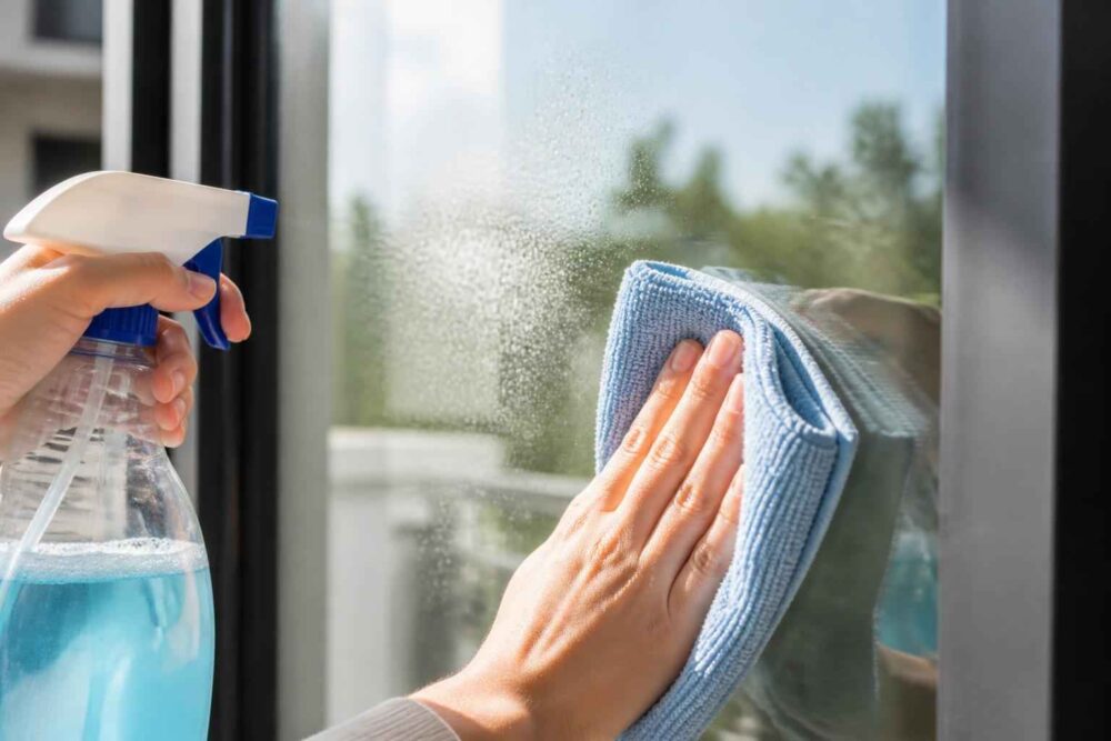 Dłoń przeciera szybę niebieską ściereczką, obok znajduje się spray do mycia szyb