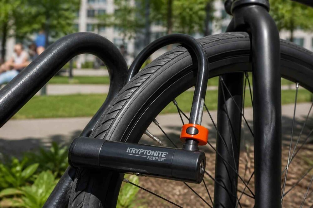 Czarne rowerowe zapięcie Kryptonite na ramie i tylnym kole roweru przy stojaku rowerowym